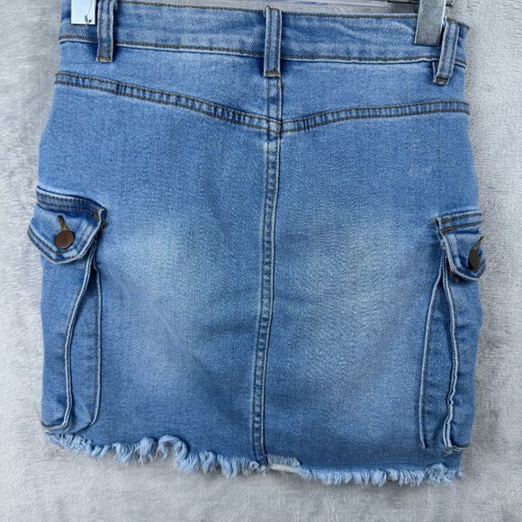 American Bazi Mini Skirt Cargo Denim Distressed Stretch Womens Size Small Blue - Picture 2 of 10